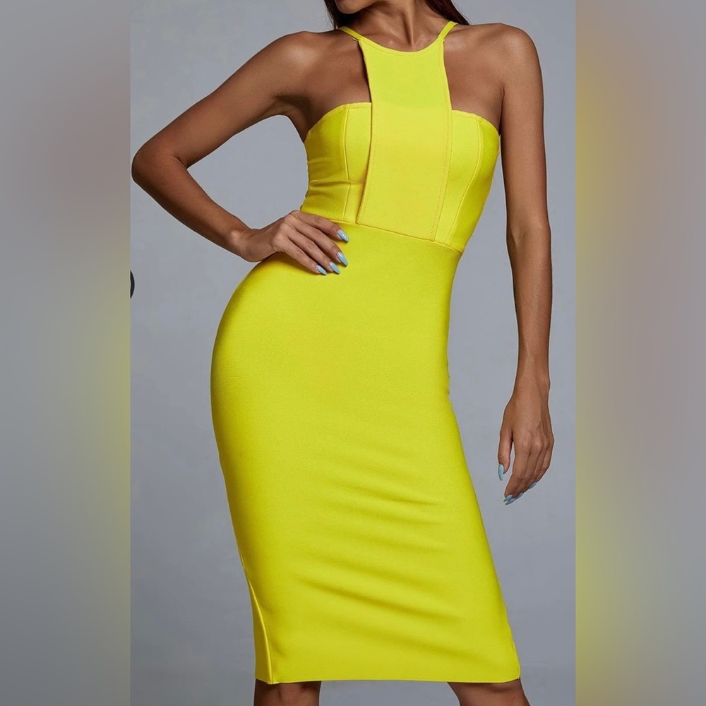 Bella Barnett Irana Yellow Midi Bandage Dress